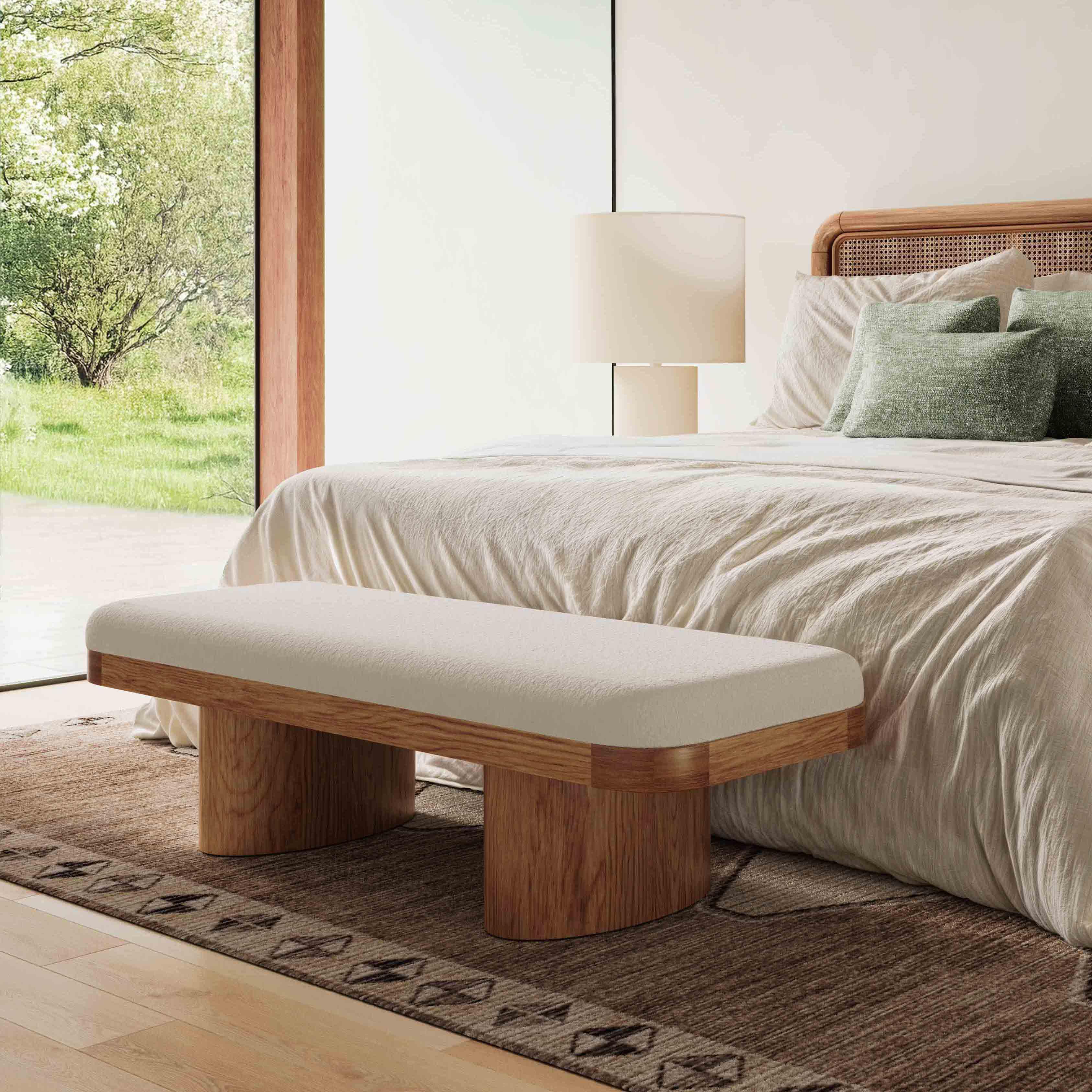Ollie 56.5" White Performance Boucle Large Bench - White